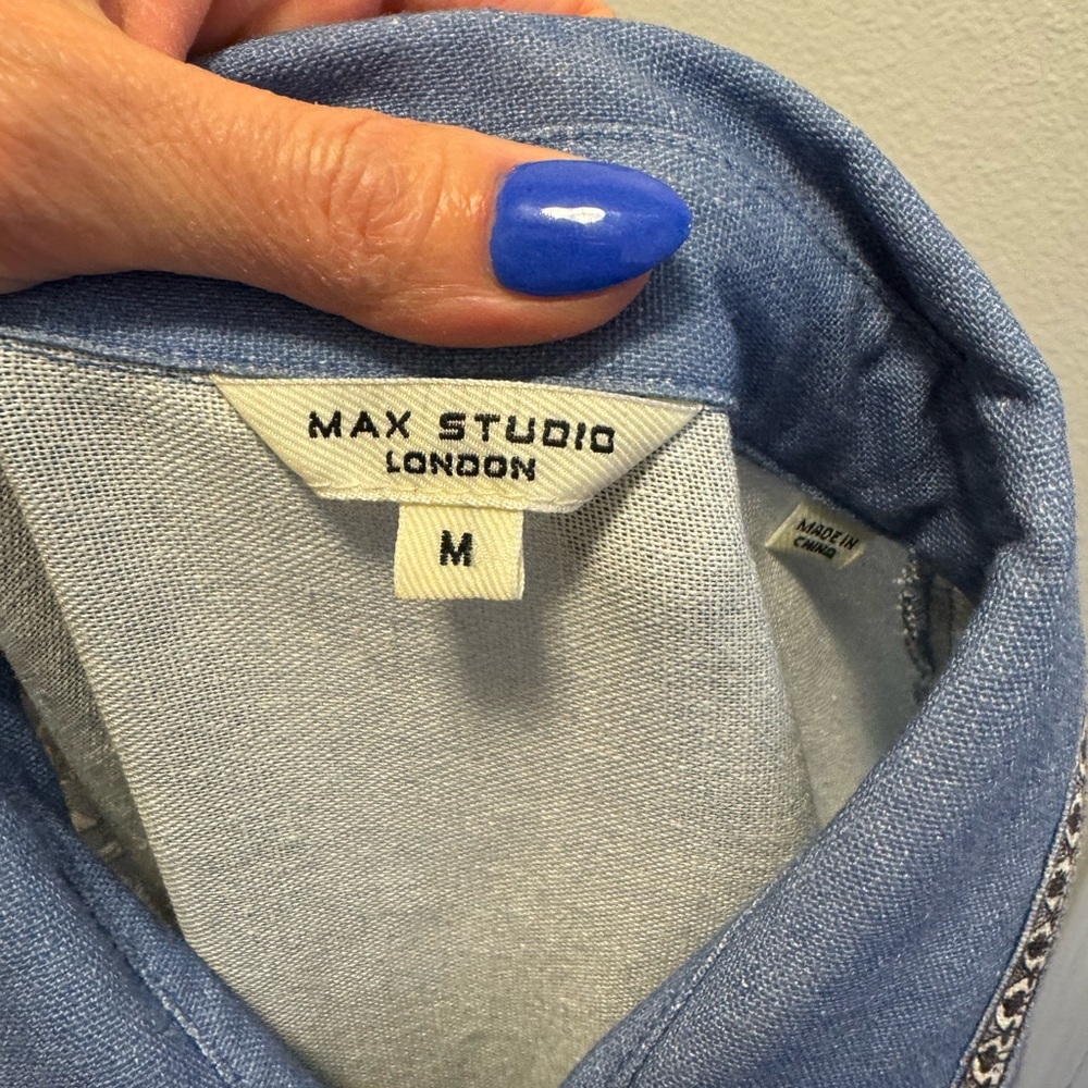 Max Studio Blue Linen Blend Shirt Dress Embroidered Size M NEW - Picture 6 of 12